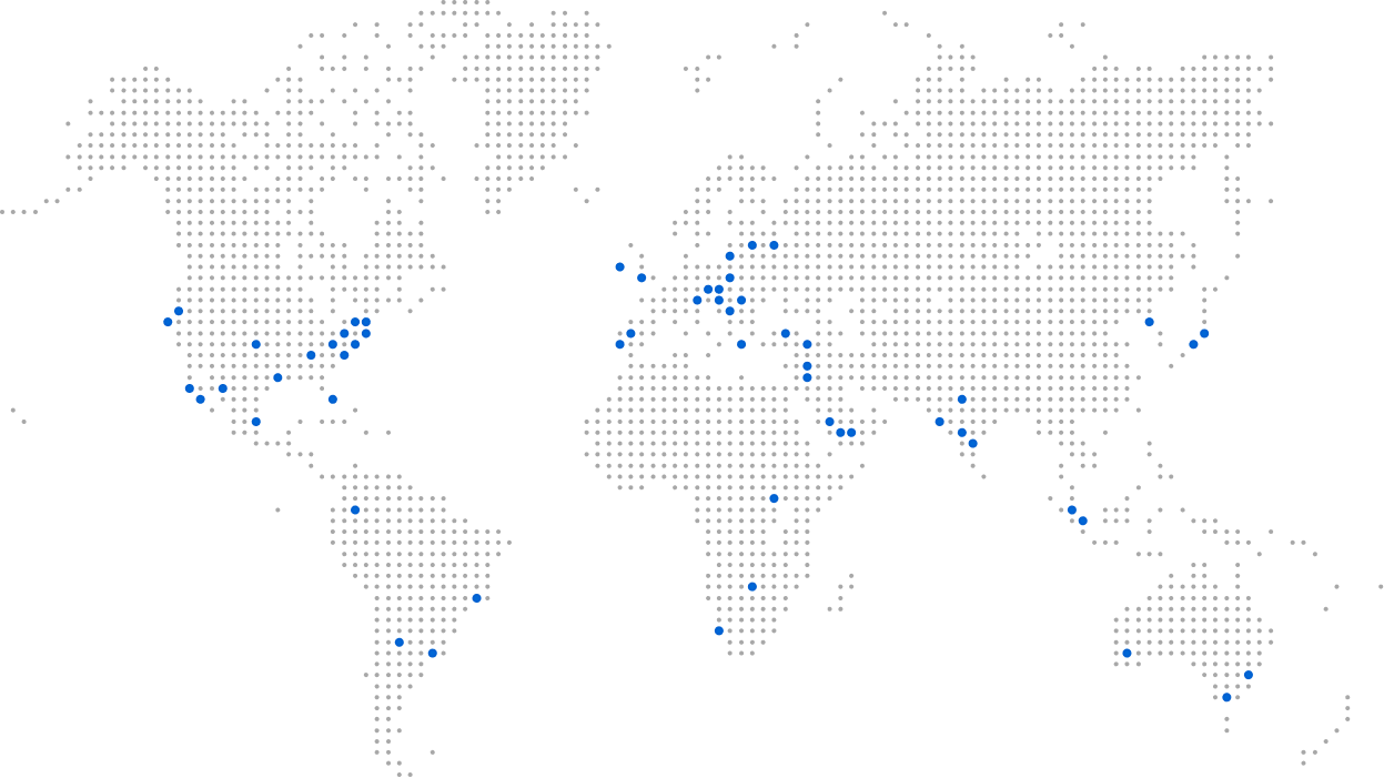 The world map in polka dot style, some dots are highlighted in blue.