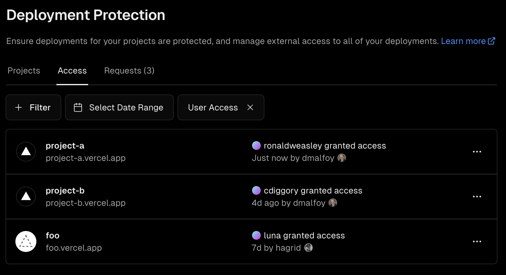 Granted access requests can be managed on the Dashboard > Settings > Deployment Protection > Access section.