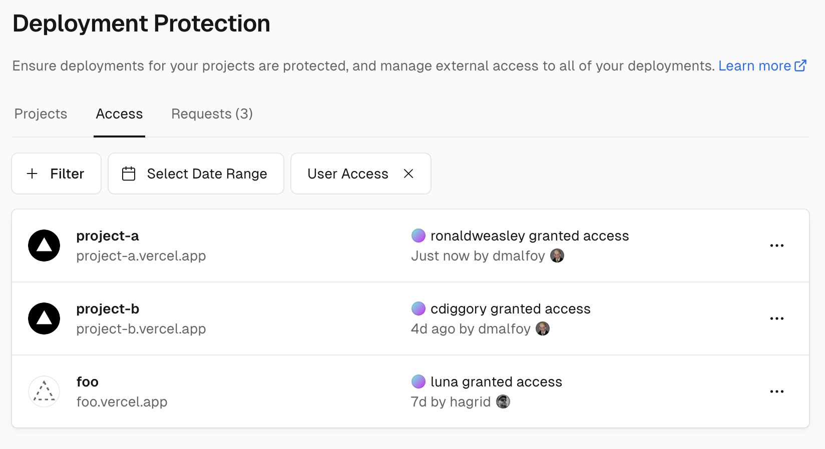 Granted access requests can be managed on the Dashboard > Settings > Deployment Protection > Access section.