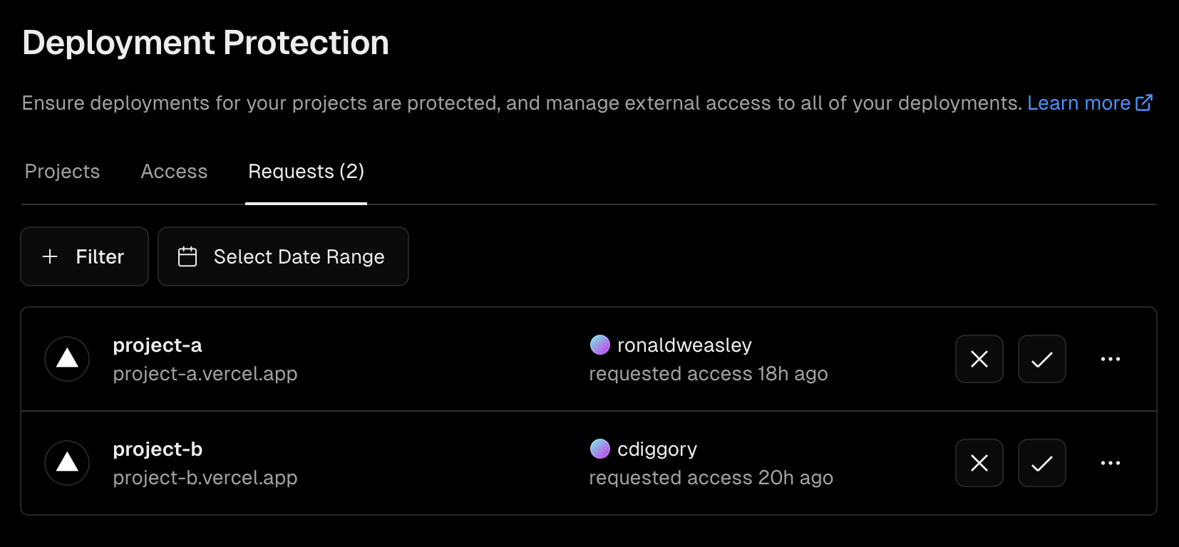 Access requests can be approved and declined on the Dashboard > Settings > Deployment Protection > Requests section.