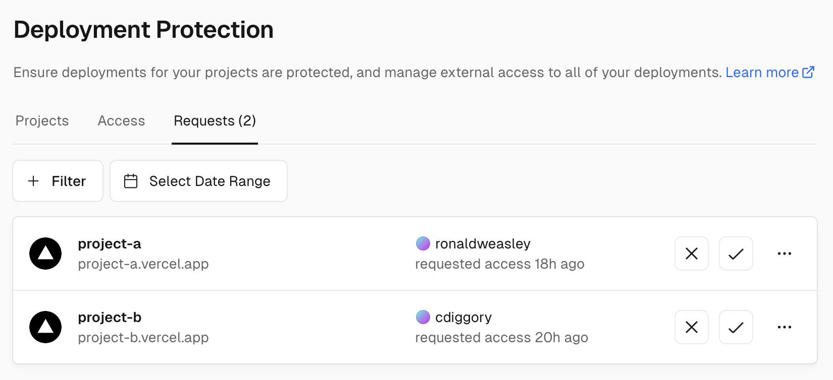 Access requests can be approved and declined on the Dashboard > Settings > Deployment Protection > Requests section.